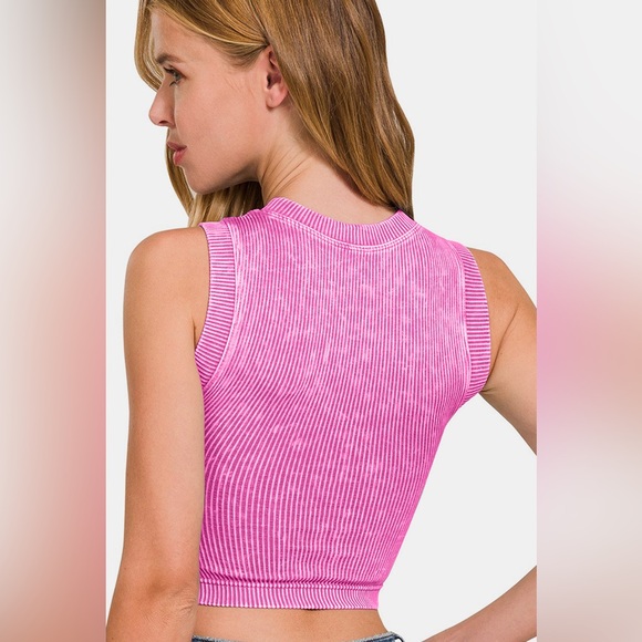 NWT Zenana Candy Pink Ribbed Seamless Cropped Tank βWashed Finish-Multiple Sizes - Picture 3 of 10